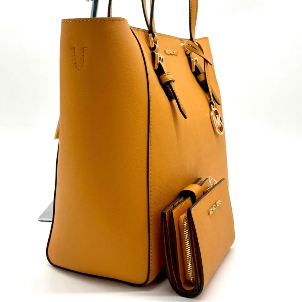 Michael Kors Charlotte LG Tote Bag 3 IN 1 Leather Tote Bag & Bifold Wallet Cider